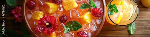 Fruity punch bowl with hibiscus chaplet chats with mint lemonade photo