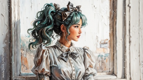 Beautiful oil painting portrait of a woman with green hair in vintage outfit by the window