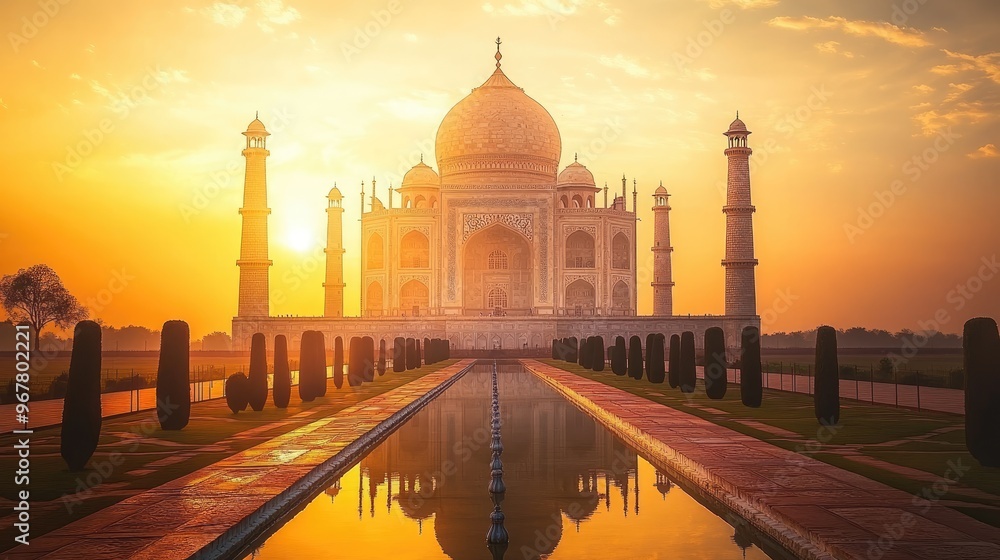 Obraz premium The Taj Mahal at sunset, bathed in golden light