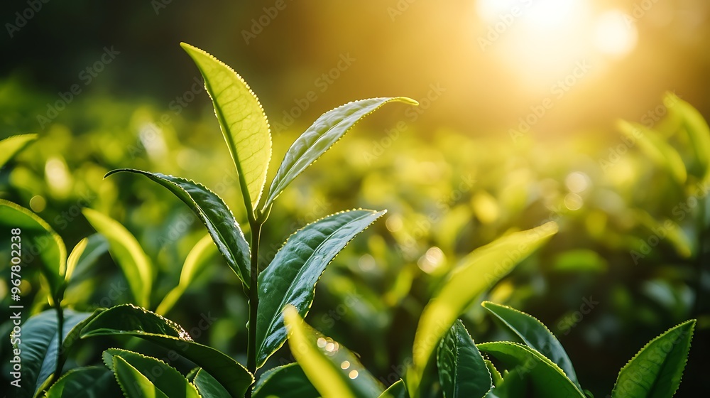 Obraz premium Sunrise Over Lush Green Tea Plantation
