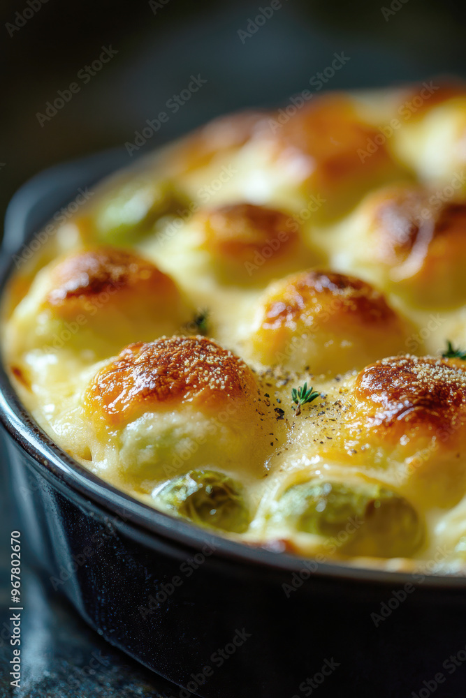 baked Brussels sprouts smothered in a rich, creamy cheese sauce. AI generative. baked Brussels sprouts smothered in a rich, creamy cheese sauce. AI generative.