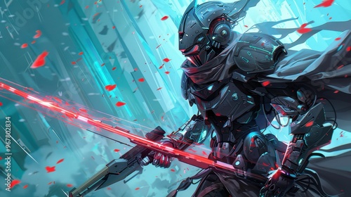 A futuristic warrior in a sleek suit, holding a glowing red energy sword, stands in a surreal, cyberpunk setting. photo