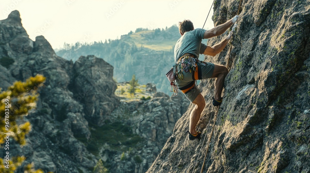 Fototapeta premium A climber scaling a rugged rock face with harness and ropes, surrounded by mountainous terrain.