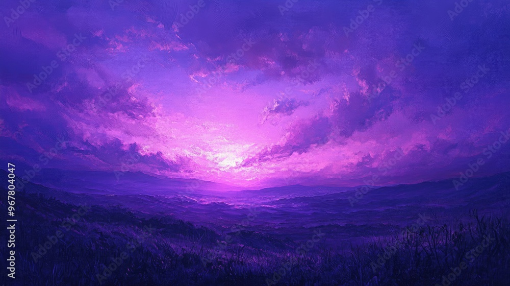 The sky at dusk, bathed in rich purples and indigos, casting a serene glow over the silhouette of distant mountains. The sky at dusk, bathed in rich purples and indigos, casting a serene glow over the silhouette of distant mountains.