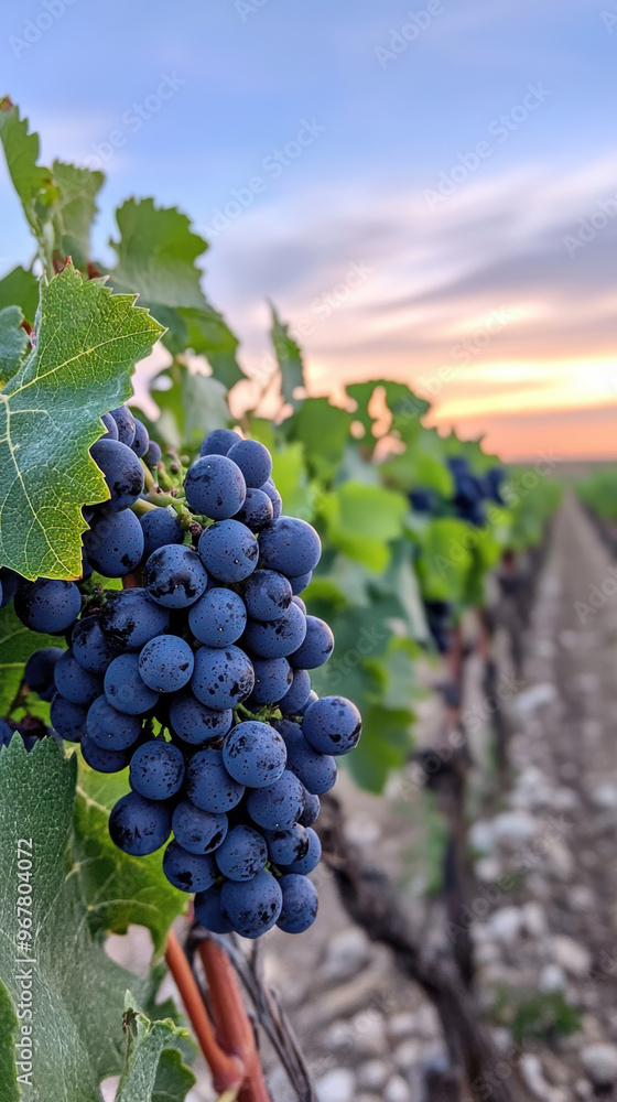 Fototapeta premium grappe de raisin mûre sur un cèpe de vigne le soir au couché du soleil