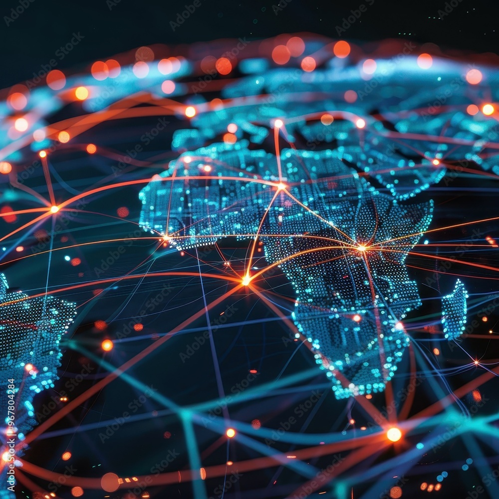 A glowing digital world map with connecting lines, representing global network and communication. A glowing digital world map with connecting lines, representing global network and communication.