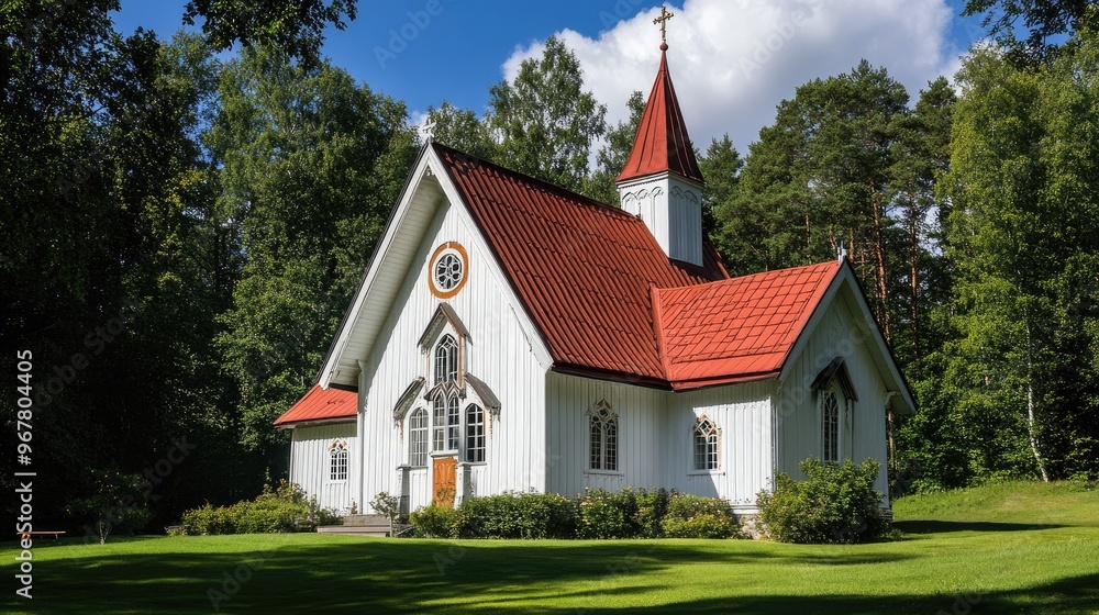 Fototapeta premium Traditional Finnish wooden church with a red roof and white walls