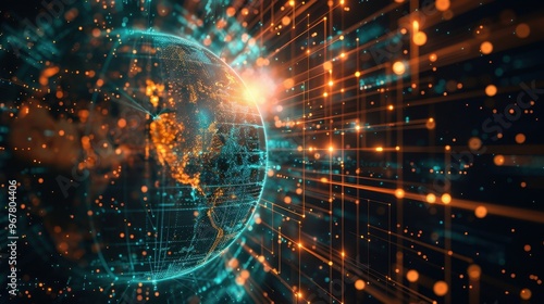 A glowing globe surrounded by abstract lines and points of light, symbolizing global connectivity and digital technology.