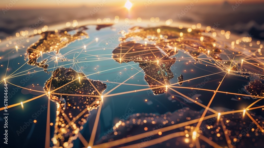 A glowing network of connections spans the globe at sunrise, symbolizing global communication and interconnectedness. A glowing network of connections spans the globe at sunrise, symbolizing global communication and interconnectedness.