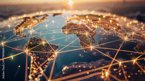 A glowing network of connections spans the globe at sunrise, symbolizing global communication and interconnectedness.