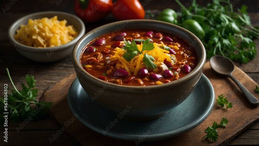 A hearty bowl of chili garnished with fresh herbs, offering a comforting meal. A hearty bowl of chili garnished with fresh herbs, offering a comforting meal.