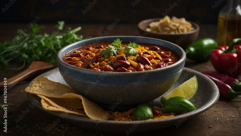 A hearty bowl of chili garnished with fresh herbs, offering a comforting meal. A hearty bowl of chili garnished with fresh herbs, offering a comforting meal.
