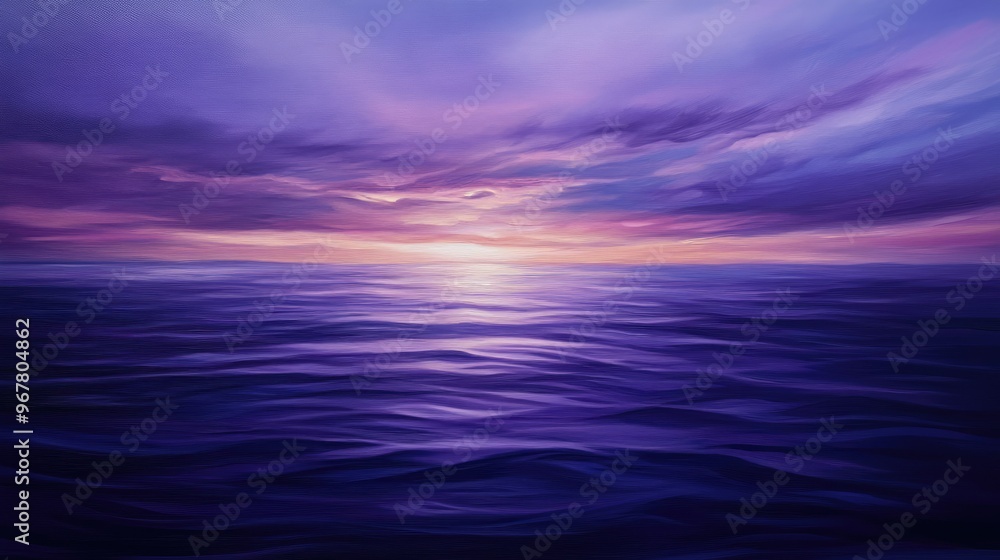 Obraz premium Twilight sky drenched in shades of purple and indigo, with the last light of day fading behind a tranquil horizon.