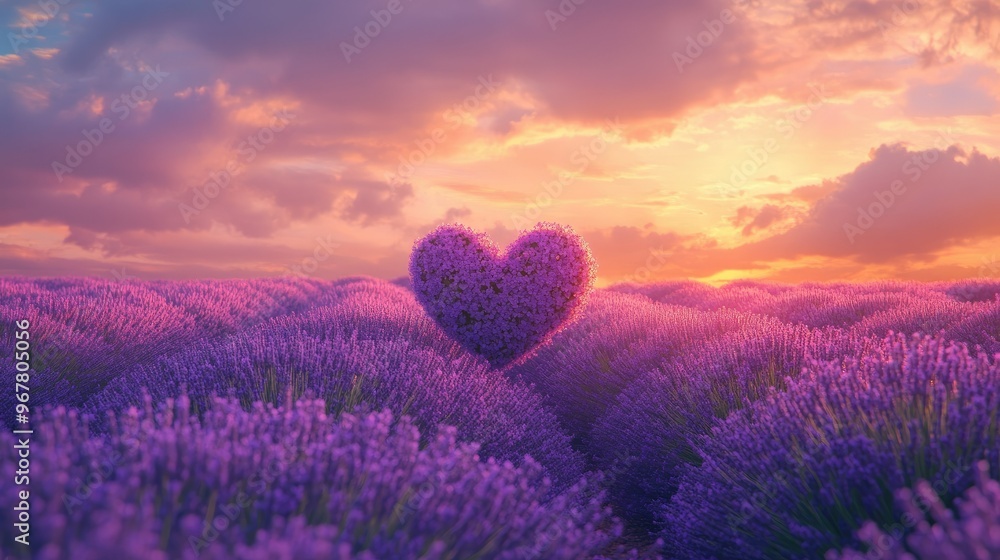 Obraz premium Two hearts connected in a field of lavender, symbolizing love and unity under a clear sky.