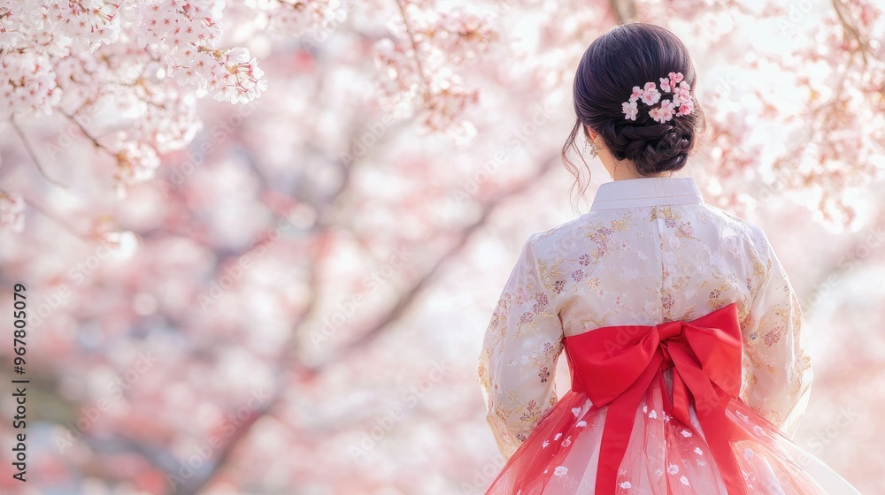 Traditional Korean Hanbok dress against a backdrop of cherry blossoms
