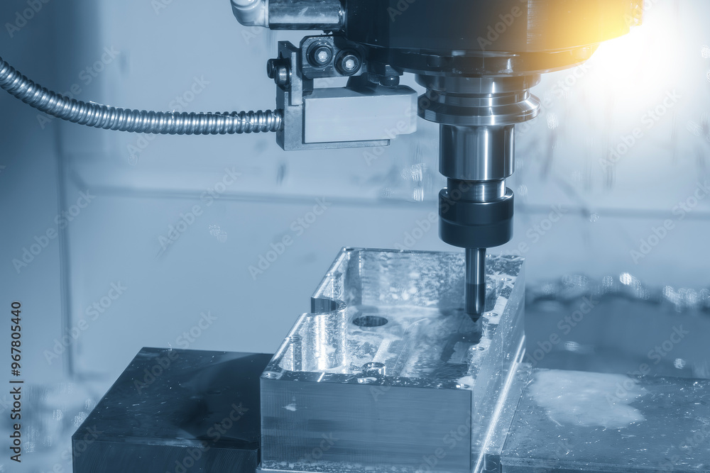 The CNC milling machine chamfer cutting aluminum part by chamfer tool in the light blue scene. The CNC milling machine chamfer cutting aluminum part by chamfer tool in the light blue scene.