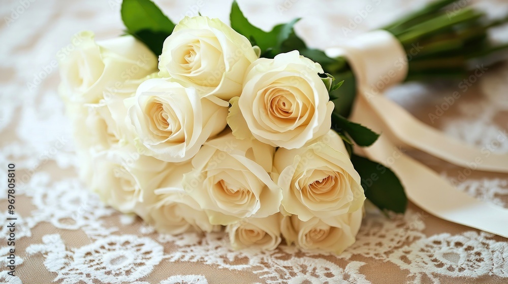 White roses, perfectly arranged in a bouquet and tied with a satin ribbon, placed delicately on a lace-covered table. White roses, perfectly arranged in a bouquet and tied with a satin ribbon, placed delicately on a lace-covered table.