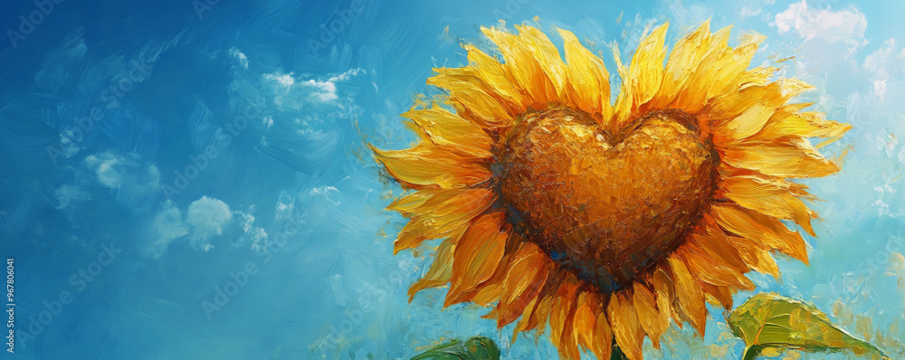 Fototapeta premium A digital painting of a heart-shaped sunflower, its golden petals radiating outward, with a vibrant blue sky in the background.