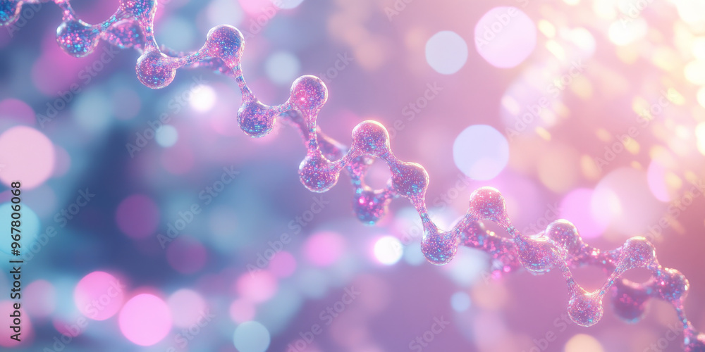 A DNA strand made of interconnected glowing spheres, floating in a soft-focus background of abstract, flowing light waves in pastel hues. A DNA strand made of interconnected glowing spheres, floating in a soft-focus background of abstract, flowing light waves in pastel hues.