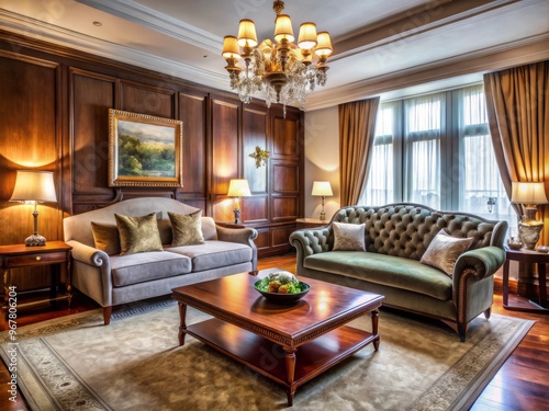 Elegant boutique hotel room with lavish furnishings, plush velvet sofa, and richwood accents, evoking sophistication photo