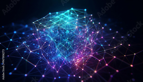 Abstract geometric design featuring a network of illuminated translucent lines forming interconnected shapes. The vibrant hues of blue purple and green create a dynamic glow against a dark background