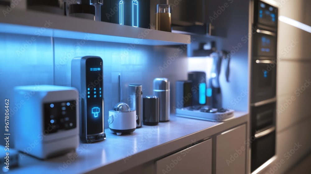 Modern kitchen counter with appliances and blue lights. Modern kitchen counter with appliances and blue lights.