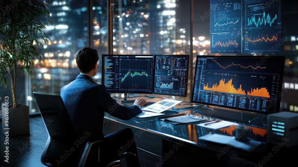A professional investment banker working at a sleek, modern glass desk in a minimalist office filled with screens and financial documents, creating a photorealistic workspace environment. A professional investment banker working at a sleek, modern glass desk in a minimalist office filled with screens and financial documents, creating a photorealistic workspace environment.