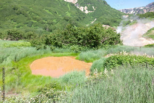 Russia Kamchatka Valley of Geysers on a summer cloudy day photo