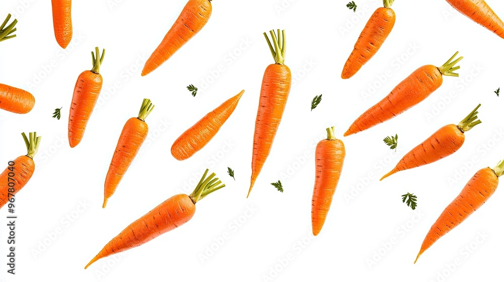 Whole carrots falling from above, fresh and crunchy, isolated on a white background Whole carrots falling from above, fresh and crunchy, isolated on a white background