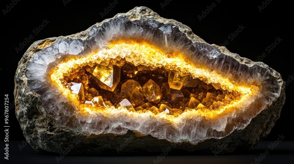 Fototapeta premium A crystal geode split open to reveal its sparkling interior.