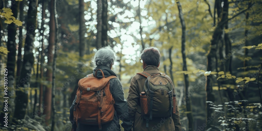 A family enjoying a hike in the woods, each carrying backpacks and trekking through the forest. A shared adventure in nature. A family enjoying a hike in the woods, each carrying backpacks and trekking through the forest. A shared adventure in nature.