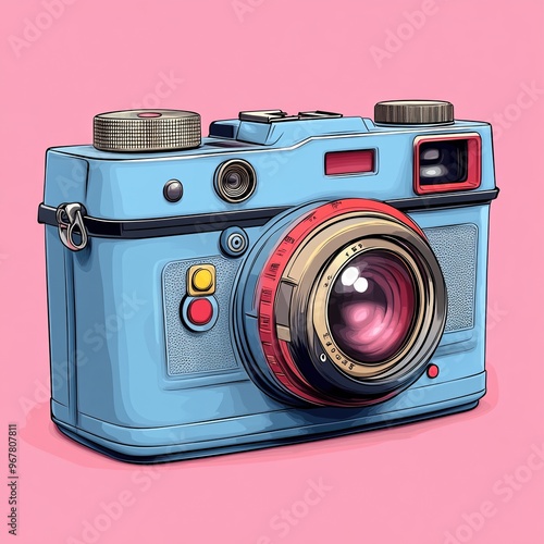 A vibrant blue vintage camera with a red lens and playful design against a soft pink background.