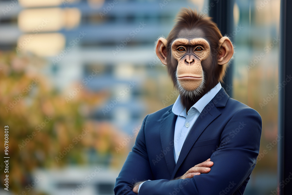 A chimpanzee monkey with a serious expression, dressed in a formal business suit, stands with arms crossed in a modern urban setting. A chimpanzee monkey with a serious expression, dressed in a formal business suit, stands with arms crossed in a modern urban setting.