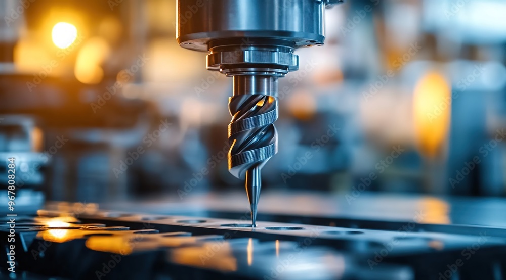 A close-up shot of an industrial drill, with its spindly spiral bit turning in the air as it burrows through metal on top of a modern machine shop table. A close-up shot of an industrial drill, with its spindly spiral bit turning in the air as it burrows through metal on top of a modern machine shop table.