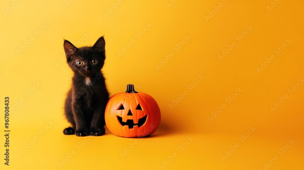 Black kitten and a jack-o-lantern on orange background. Black kitten and a jack-o-lantern on orange background.