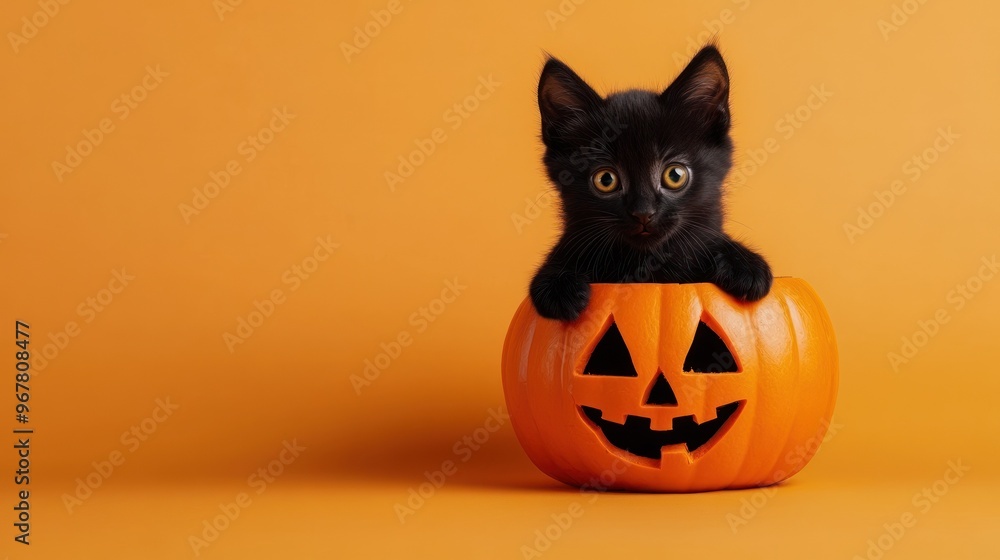 Adorable kitten in Halloween pumpkin with orange theme. Adorable kitten in Halloween pumpkin with orange theme.