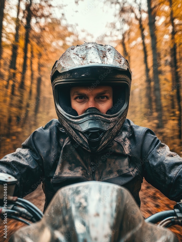 A motorcycle rider in full gear navigating a muddy forest trail during autumn, highlighting the thrill and adventure of off-road motorsports. A motorcycle rider in full gear navigating a muddy forest trail during autumn, highlighting the thrill and adventure of off-road motorsports.