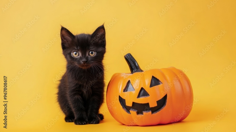 Cute black kitten and smiling pumpkin on yellow base. Cute black kitten and smiling pumpkin on yellow base.