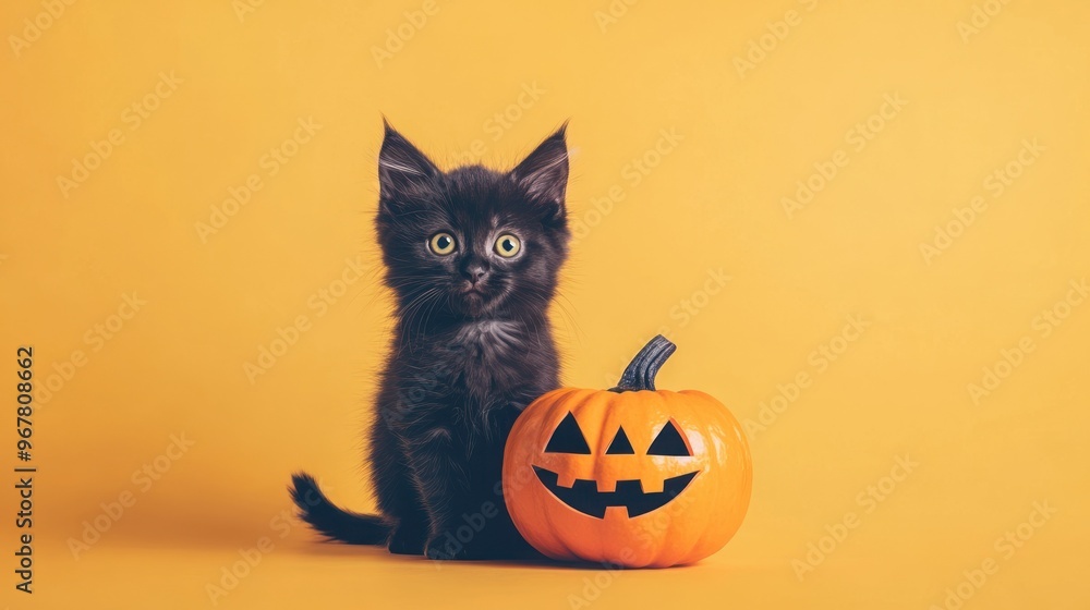 Black kitten with pumpkin on orange background. Black kitten with pumpkin on orange background.