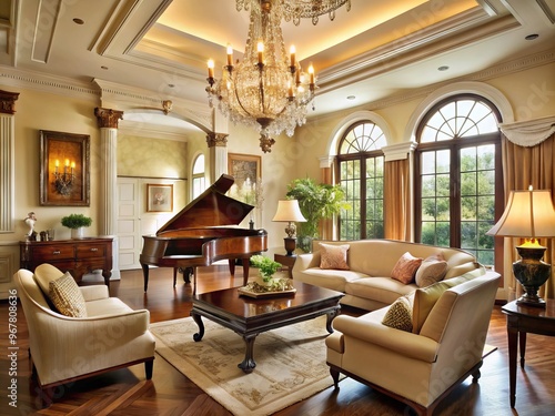 Elegant living room with cream-colored walls, crystal chandelier, and rich wood accents, featuring a grand piano and