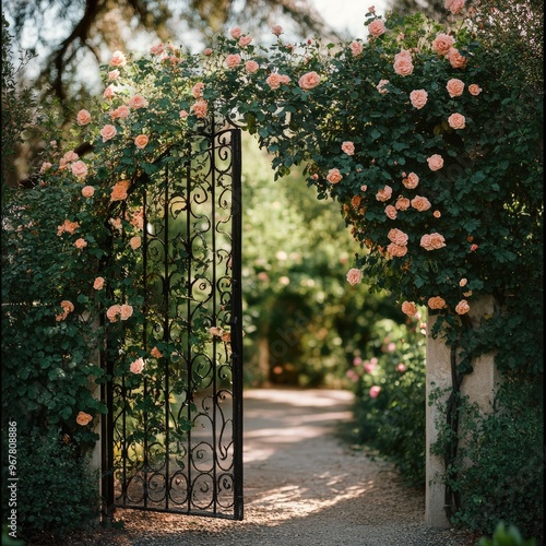 Secret Garden Gate Entwined with Climbing Roses photo