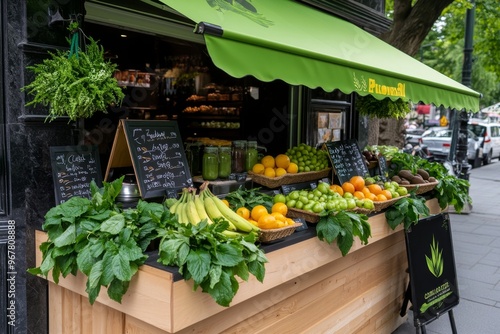 A bright green awning on a smoothie bar at an outdoor market, complementing the fresh, organic ingredients served inside