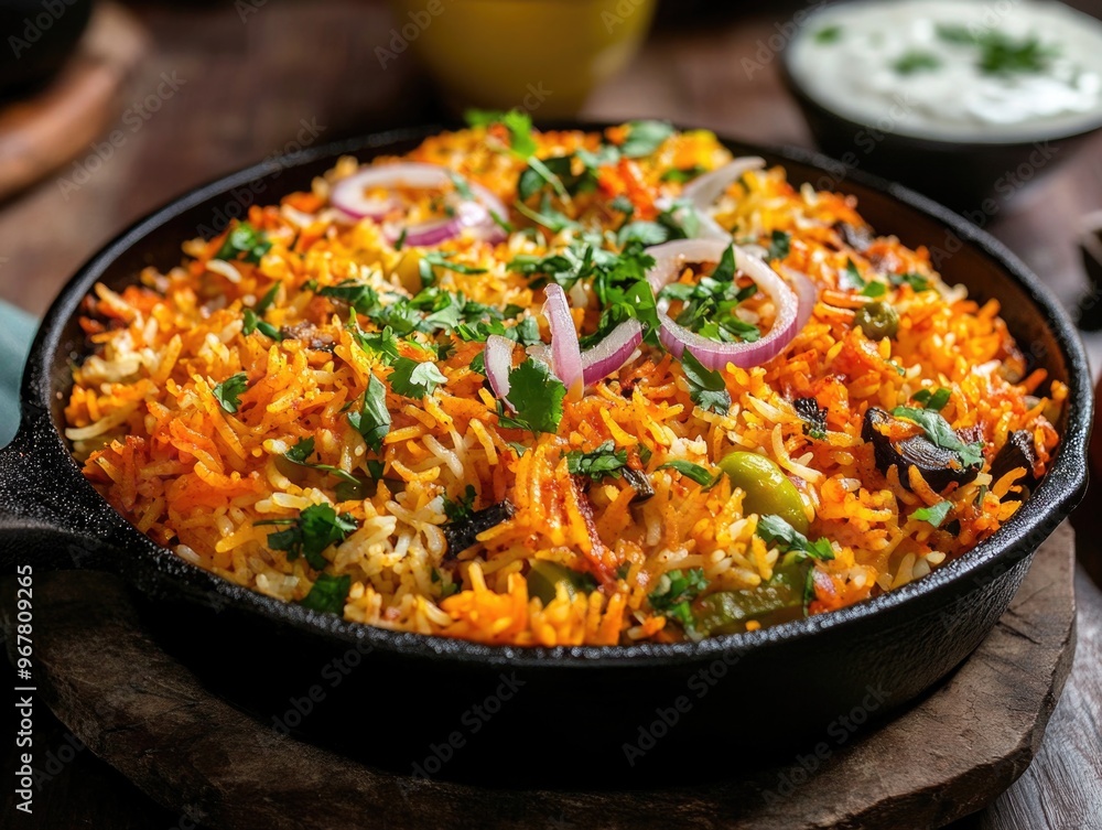 Colorful and appetizing Indian curry dish with a base of rice, topped with spices, onions, tomatoes, peppers, and cilantro. Colorful and appetizing Indian curry dish with a base of rice, topped with spices, onions, tomatoes, peppers, and cilantro.