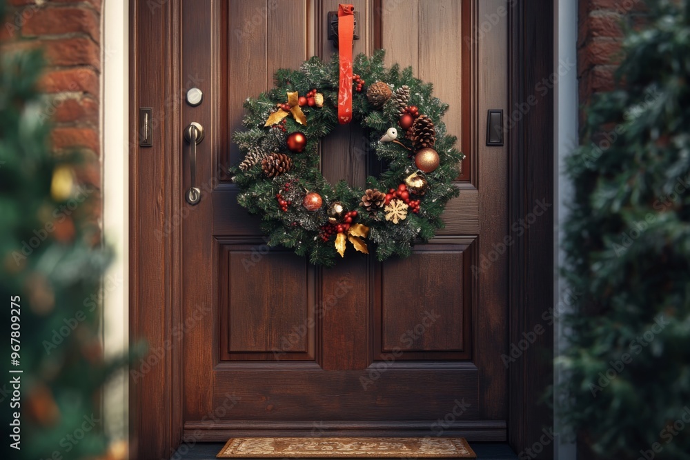 a lovely christmas wreath on a front door with a welcome mat a lovely christmas wreath on a front door with a welcome mat