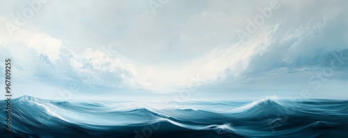 Ocean waves under cloudy sky, tranquil seascape. Nature calmness and serenity concept