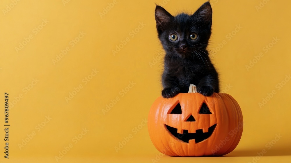 Black kitten sitting in pumpkin, yellow background. Black kitten sitting in pumpkin, yellow background.