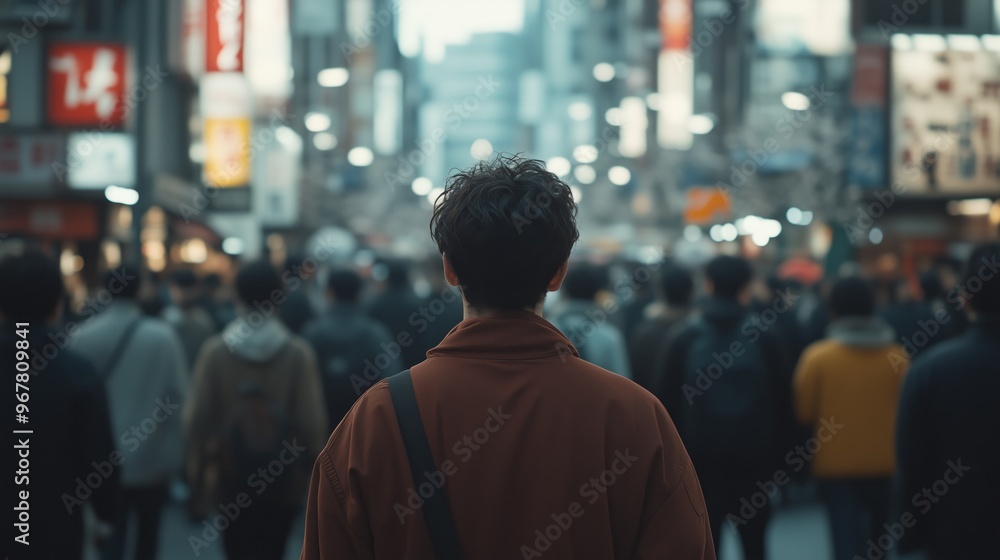 A person in a bustling city, standing still among the crowd with a distant. A person in a bustling city, standing still among the crowd with a distant.