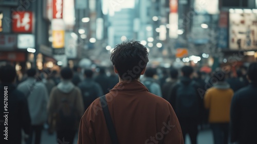 A person in a bustling city, standing still among the crowd with a distant.