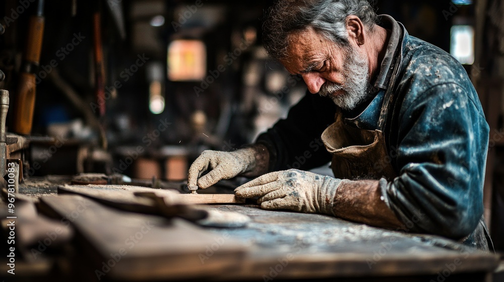 A craftsman meticulously working on wood in a rustic workshop filled with sawdust. A craftsman meticulously working on wood in a rustic workshop filled with sawdust.