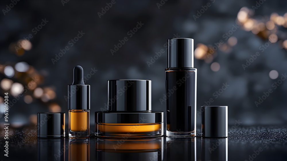 A luxurious cosmetic product photoshoot, showing a glossy shampoo bottle on a reflective surface, surrounded by delicate lighting beams, soft shadows A luxurious cosmetic product photoshoot, showing a glossy shampoo bottle on a reflective surface, surrounded by delicate lighting beams, soft shadows